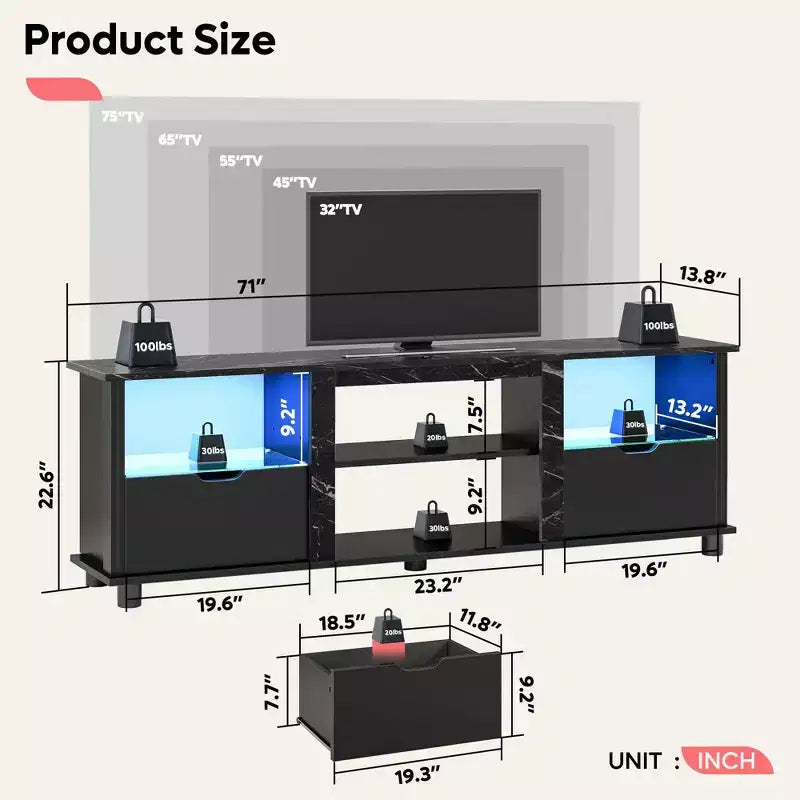 Meuble TV 70 pouces avec lumières LED, meuble de divertissement pour téléviseurs jusqu'à 75 pouces, console TV avec tiroirs et étagères réglables