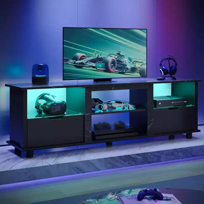 Meuble TV 70 pouces avec lumières LED, meuble de divertissement pour téléviseurs jusqu'à 75 pouces, console TV avec tiroirs et étagères réglables