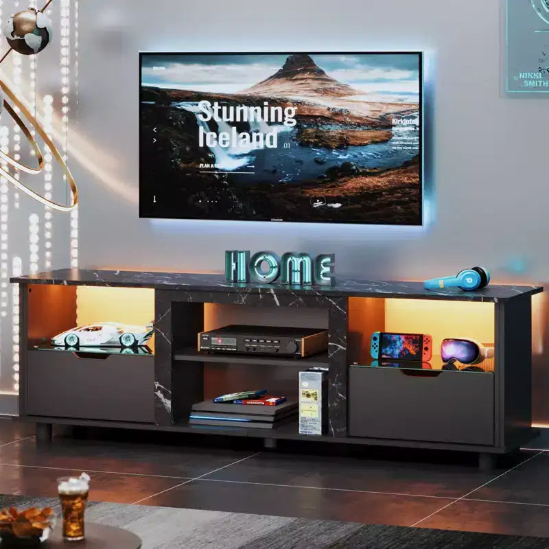 Meuble TV 70 pouces avec lumières LED, meuble de divertissement pour téléviseurs jusqu'à 75 pouces, console TV avec tiroirs et étagères réglables