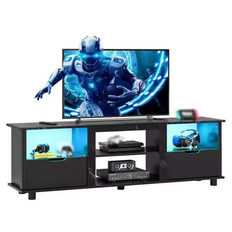 Meuble TV 70 pouces avec lumières LED, meuble de divertissement pour téléviseurs jusqu'à 75 pouces, console TV avec tiroirs et étagères réglables