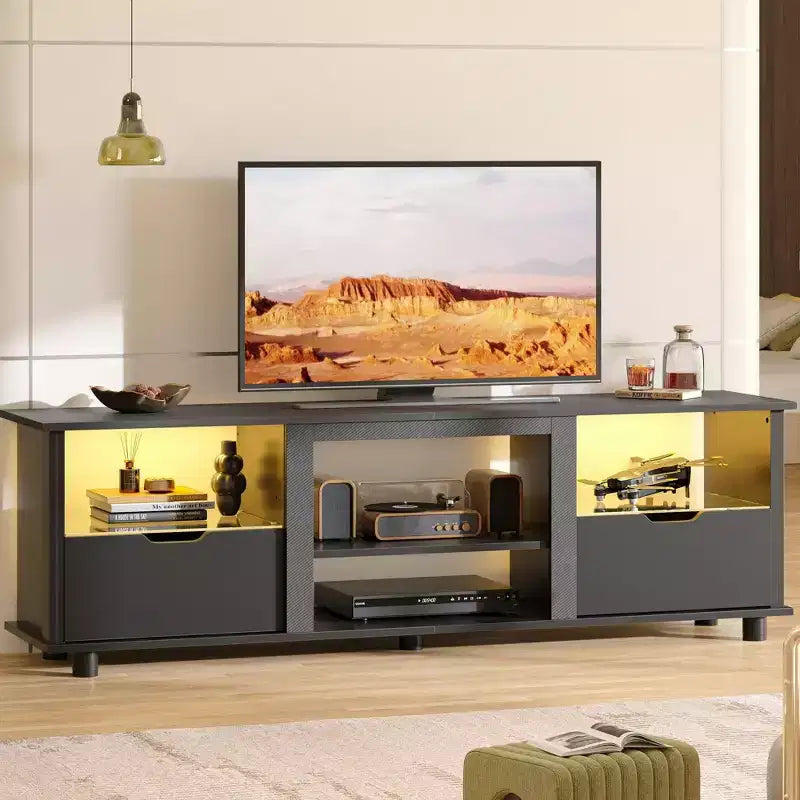 Meuble TV 70 pouces avec lumières LED, meuble de divertissement pour téléviseurs jusqu'à 75 pouces, console TV avec tiroirs et étagères réglables