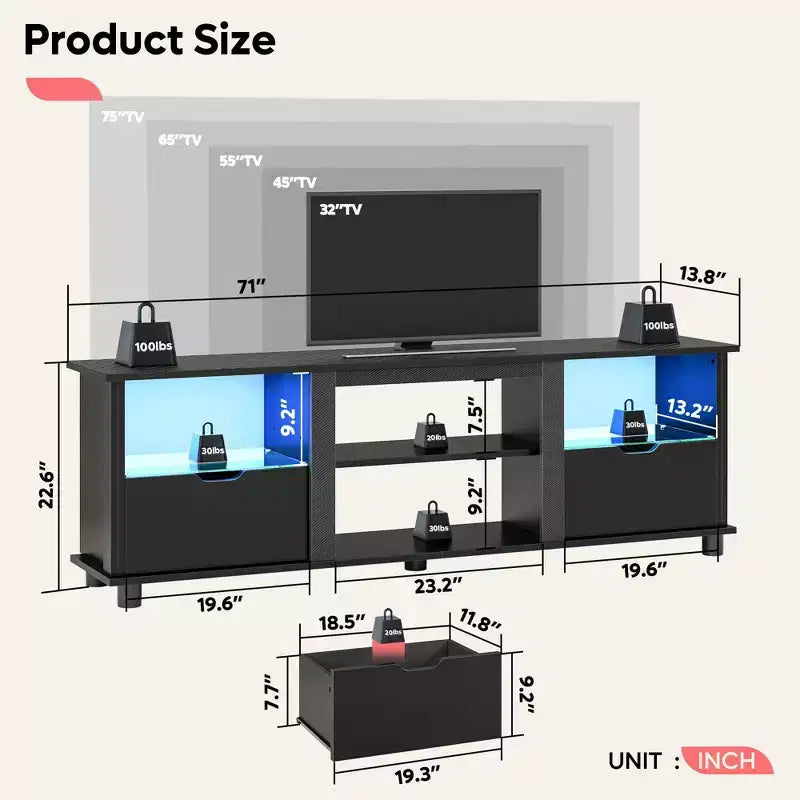 Meuble TV 70 pouces avec lumières LED, meuble de divertissement pour téléviseurs jusqu'à 75 pouces, console TV avec tiroirs et étagères réglables