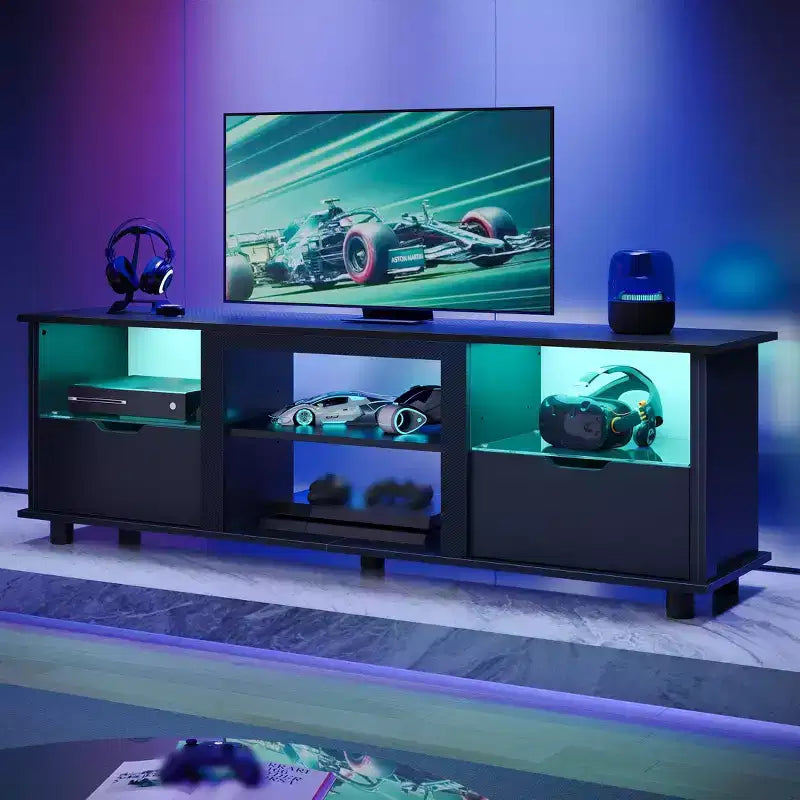 Meuble TV 70 pouces avec lumières LED, meuble de divertissement pour téléviseurs jusqu'à 75 pouces, console TV avec tiroirs et étagères réglables