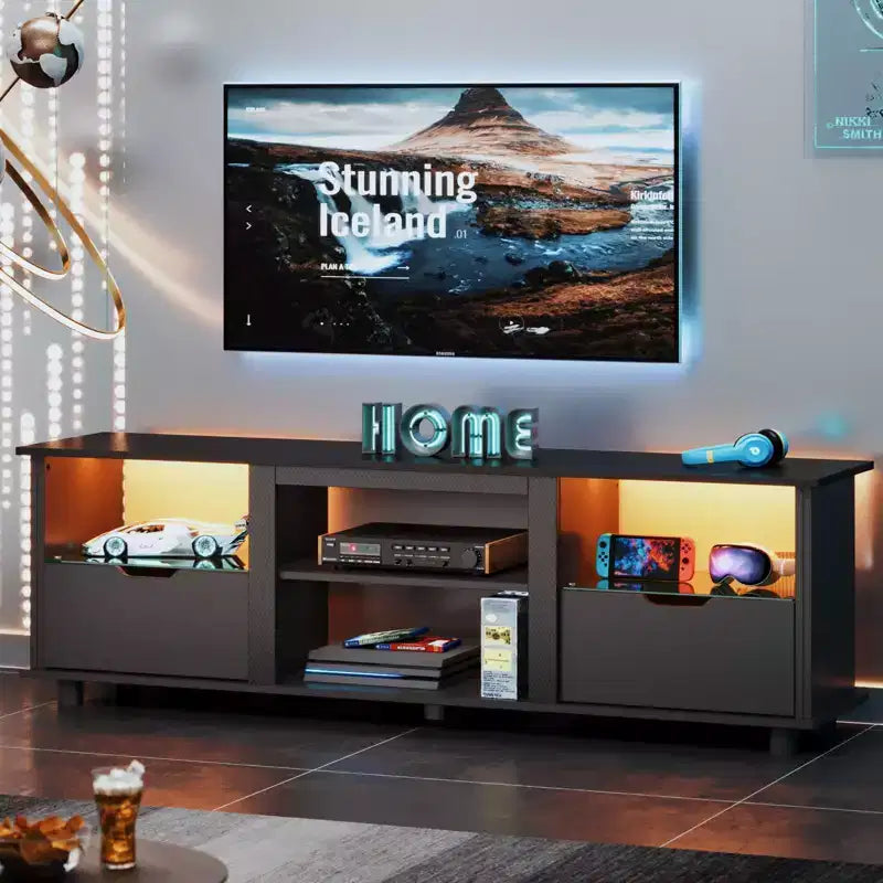 Meuble TV 70 pouces avec lumières LED, meuble de divertissement pour téléviseurs jusqu'à 75 pouces, console TV avec tiroirs et étagères réglables
