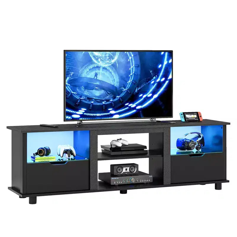 Meuble TV 70 pouces avec lumières LED, meuble de divertissement pour téléviseurs jusqu'à 75 pouces, console TV avec tiroirs et étagères réglables