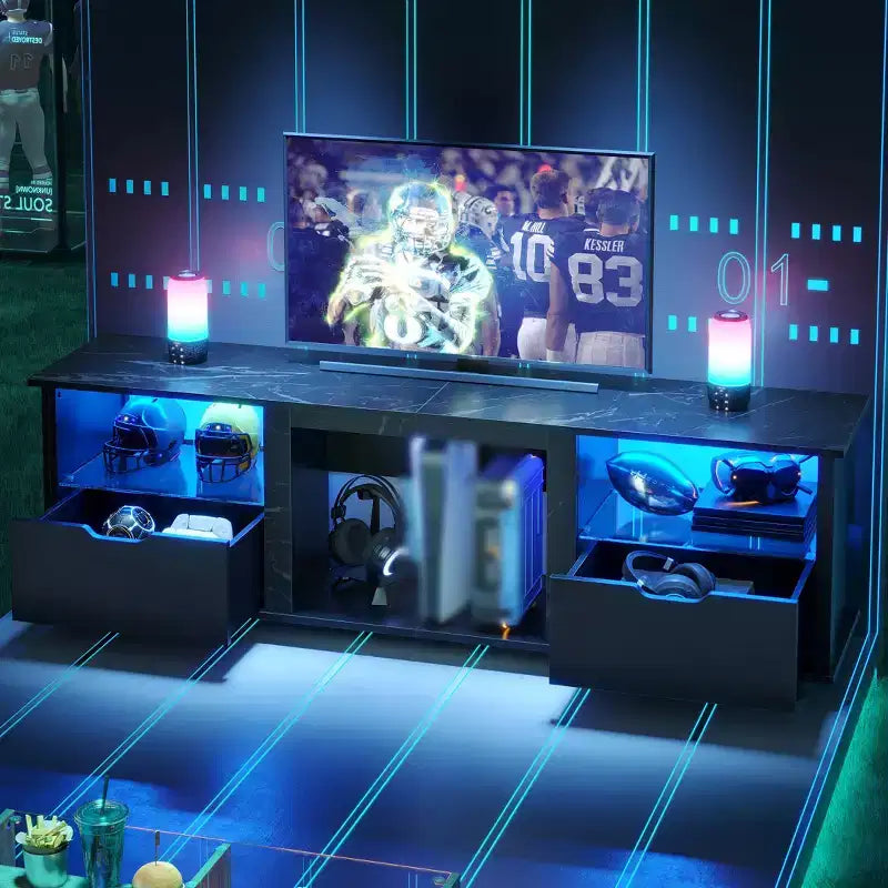 Meuble TV 70 pouces avec lumières LED, meuble de divertissement pour téléviseurs jusqu'à 75 pouces, console TV avec tiroirs et étagères réglables