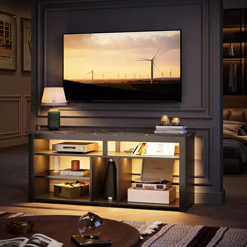 Meuble TV haut, meuble TV LED 55" pour téléviseurs jusqu'à 65", console TV de jeu avec rangement pour PS5, meuble média avec étagères réglables