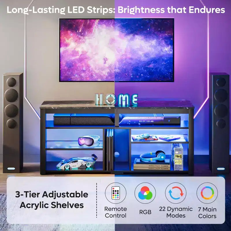 Meuble TV haut, meuble TV LED 55" pour téléviseurs jusqu'à 65", console TV de jeu avec rangement pour PS5, meuble média avec étagères réglables