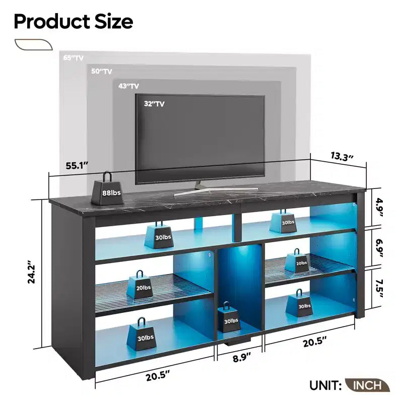 Meuble TV haut, meuble TV LED 55" pour téléviseurs jusqu'à 65", console TV de jeu avec rangement pour PS5, meuble média avec étagères réglables