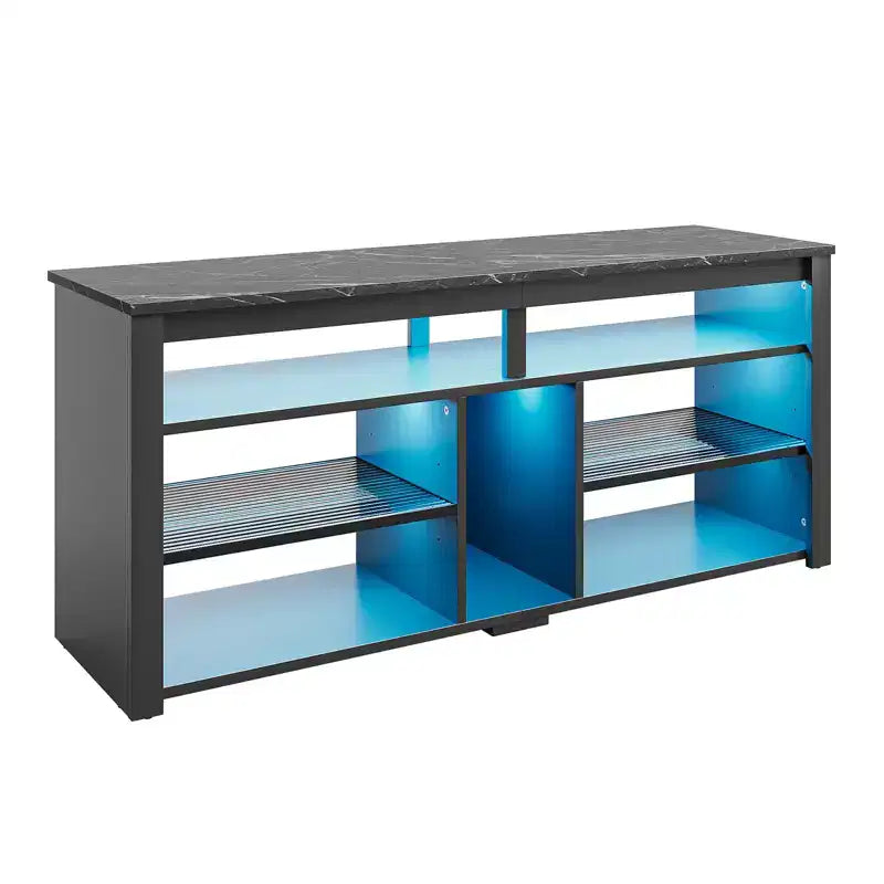 Meuble TV haut, meuble TV LED 55" pour téléviseurs jusqu'à 65", console TV de jeu avec rangement pour PS5, meuble média avec étagères réglables