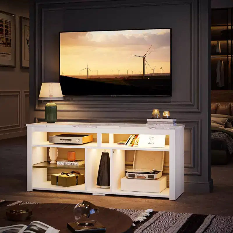 Meuble TV haut, meuble TV LED 55" pour téléviseurs jusqu'à 65", console TV de jeu avec rangement pour PS5, meuble média avec étagères réglables