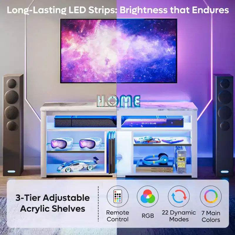Meuble TV haut, meuble TV LED 55" pour téléviseurs jusqu'à 65", console TV de jeu avec rangement pour PS5, meuble média avec étagères réglables