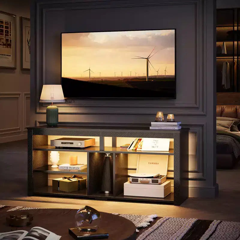Meuble TV haut, meuble TV LED 55" pour téléviseurs jusqu'à 65", console TV de jeu avec rangement pour PS5, meuble média avec étagères réglables