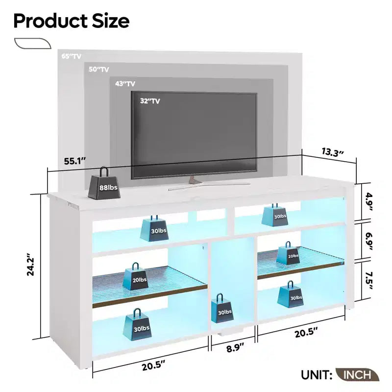 Meuble TV haut, meuble TV LED 55" pour téléviseurs jusqu'à 65", console TV de jeu avec rangement pour PS5, meuble média avec étagères réglables