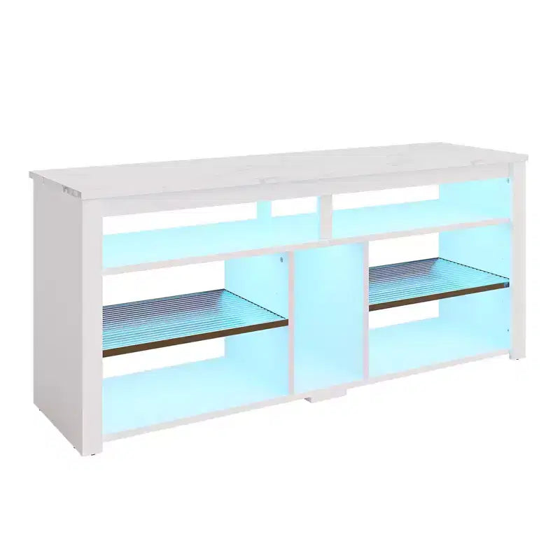 Meuble TV haut, meuble TV LED 55" pour téléviseurs jusqu'à 65", console TV de jeu avec rangement pour PS5, meuble média avec étagères réglables