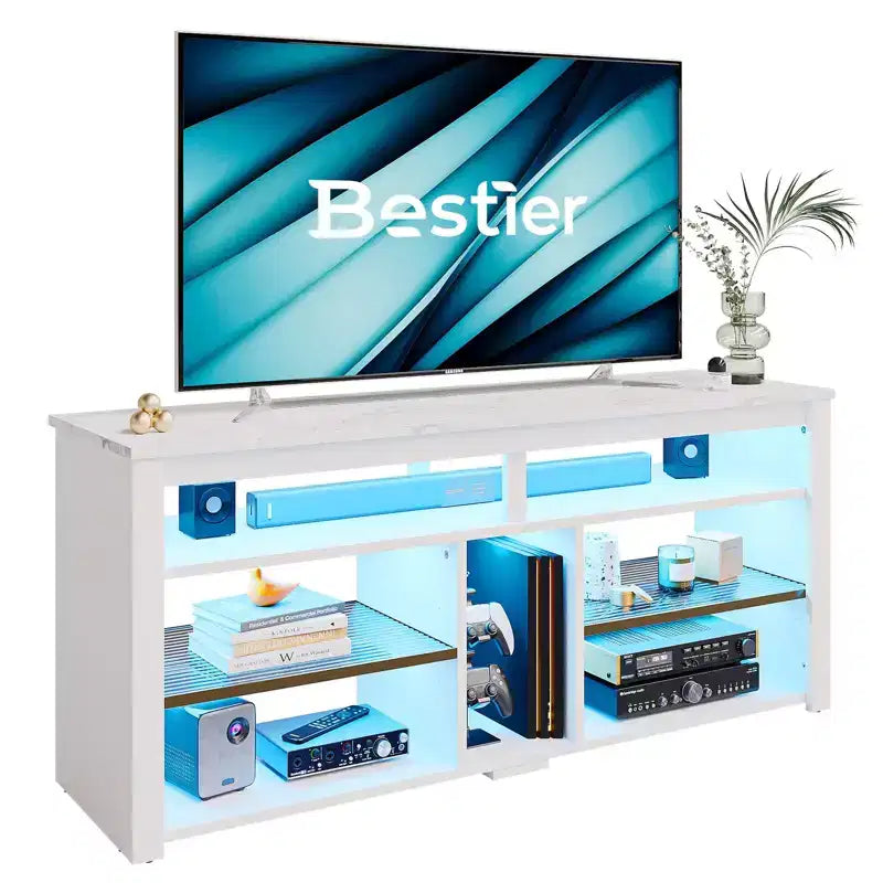 Meuble TV haut, meuble TV LED 55" pour téléviseurs jusqu'à 65", console TV de jeu avec rangement pour PS5, meuble média avec étagères réglables