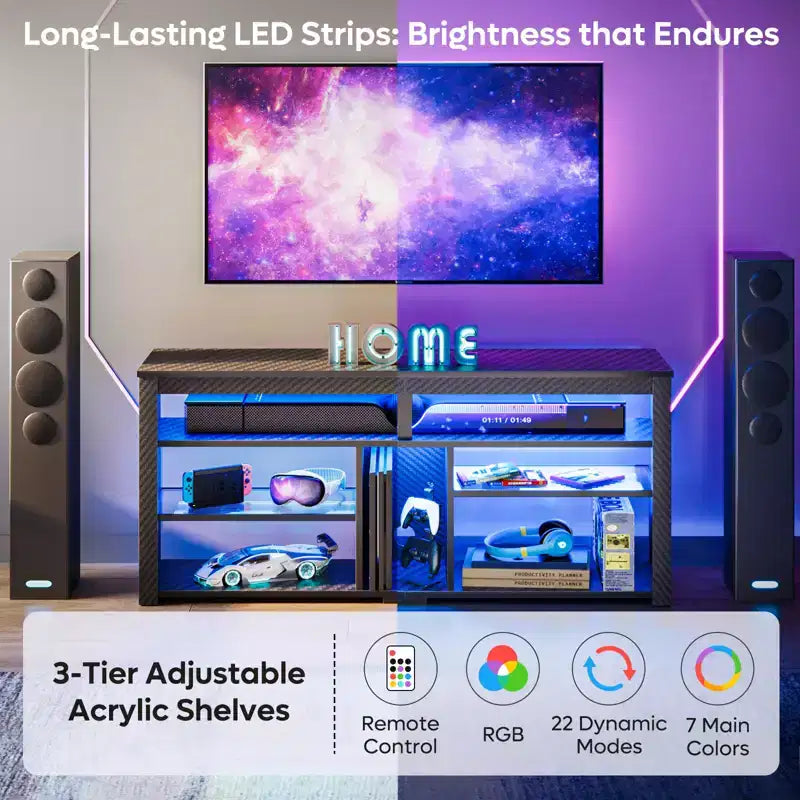 Meuble TV haut, meuble TV LED 55" pour téléviseurs jusqu'à 65", console TV de jeu avec rangement pour PS5, meuble média avec étagères réglables