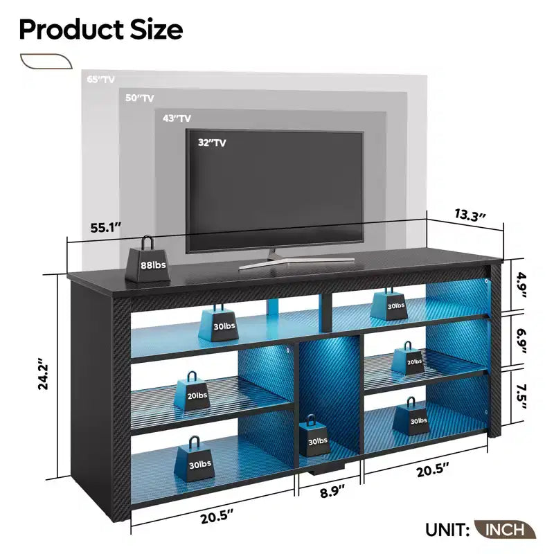 Meuble TV haut, meuble TV LED 55" pour téléviseurs jusqu'à 65", console TV de jeu avec rangement pour PS5, meuble média avec étagères réglables