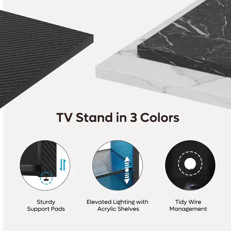 Meuble TV haut, meuble TV LED 55" pour téléviseurs jusqu'à 65", console TV de jeu avec rangement pour PS5, meuble média avec étagères réglables