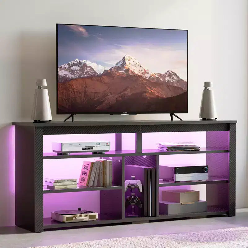 Meuble TV haut, meuble TV LED 55" pour téléviseurs jusqu'à 65", console TV de jeu avec rangement pour PS5, meuble média avec étagères réglables