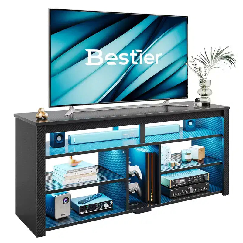 Meuble TV haut, meuble TV LED 55" pour téléviseurs jusqu'à 65", console TV de jeu avec rangement pour PS5, meuble média avec étagères réglables