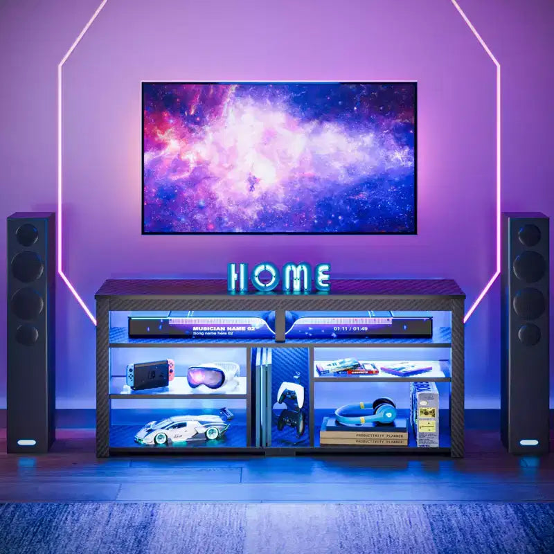 Bestier Tall TV Stand, 55 LED Entertainment Center For TVs up to 65, Gaming TV Console with Storage For PS5, Media Center with Adjustable Shelves