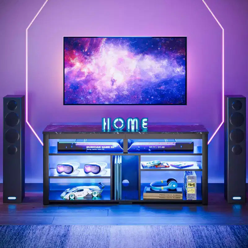 Meuble TV haut, meuble TV LED 55" pour téléviseurs jusqu'à 65", console TV de jeu avec rangement pour PS5, meuble média avec étagères réglables