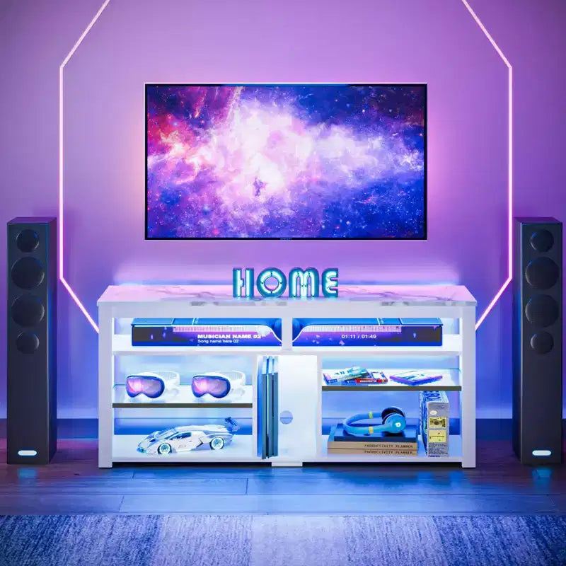 Meuble TV haut, meuble TV LED 55" pour téléviseurs jusqu'à 65", console TV de jeu avec rangement pour PS5, meuble média avec étagères réglables