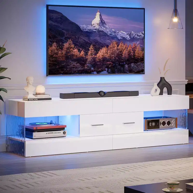 Meuble TV noir brillant pour téléviseur jusqu'à 65 pouces, centre de divertissement pour téléviseur LED, meuble TV moderne avec tiroirs de rangement