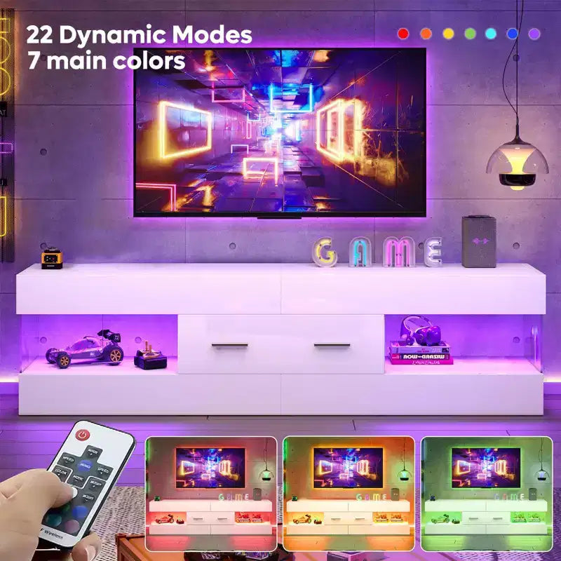 Meuble TV noir brillant pour téléviseur jusqu'à 65 pouces, centre de divertissement pour téléviseur LED, meuble TV moderne avec tiroirs de rangement