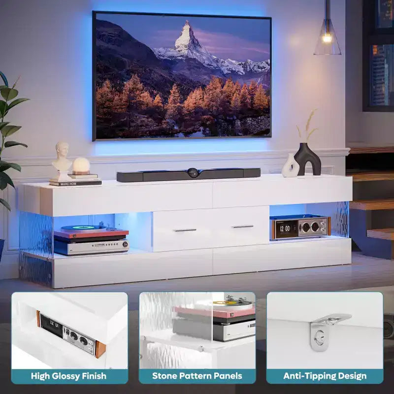 Meuble TV noir brillant pour téléviseur jusqu'à 65 pouces, centre de divertissement pour téléviseur LED, meuble TV moderne avec tiroirs de rangement