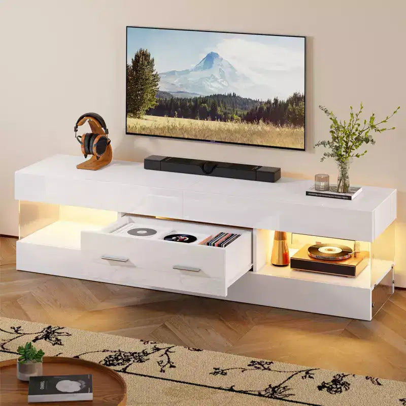 Meuble TV noir brillant pour téléviseur jusqu'à 65 pouces, centre de divertissement pour téléviseur LED, meuble TV moderne avec tiroirs de rangement