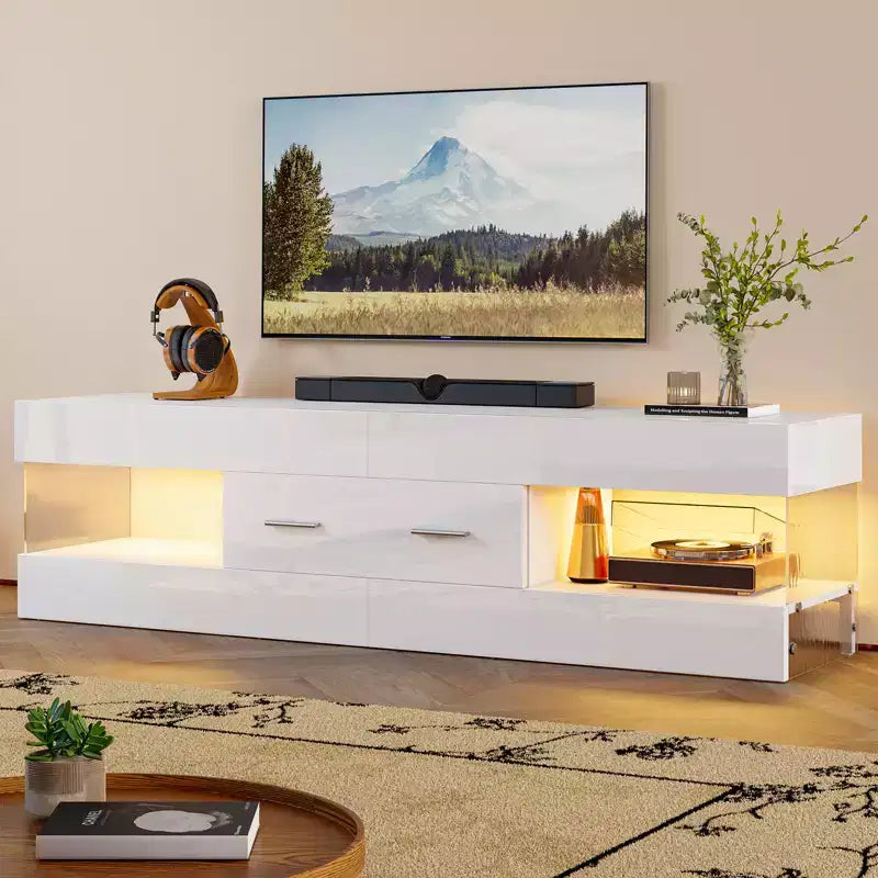 Meuble TV noir brillant pour téléviseur jusqu'à 65 pouces, centre de divertissement pour téléviseur LED, meuble TV moderne avec tiroirs de rangement
