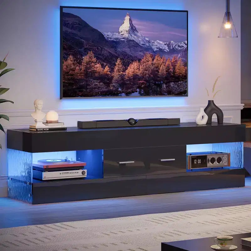 Meuble TV noir brillant pour téléviseur jusqu'à 65 pouces, centre de divertissement pour téléviseur LED, meuble TV moderne avec tiroirs de rangement