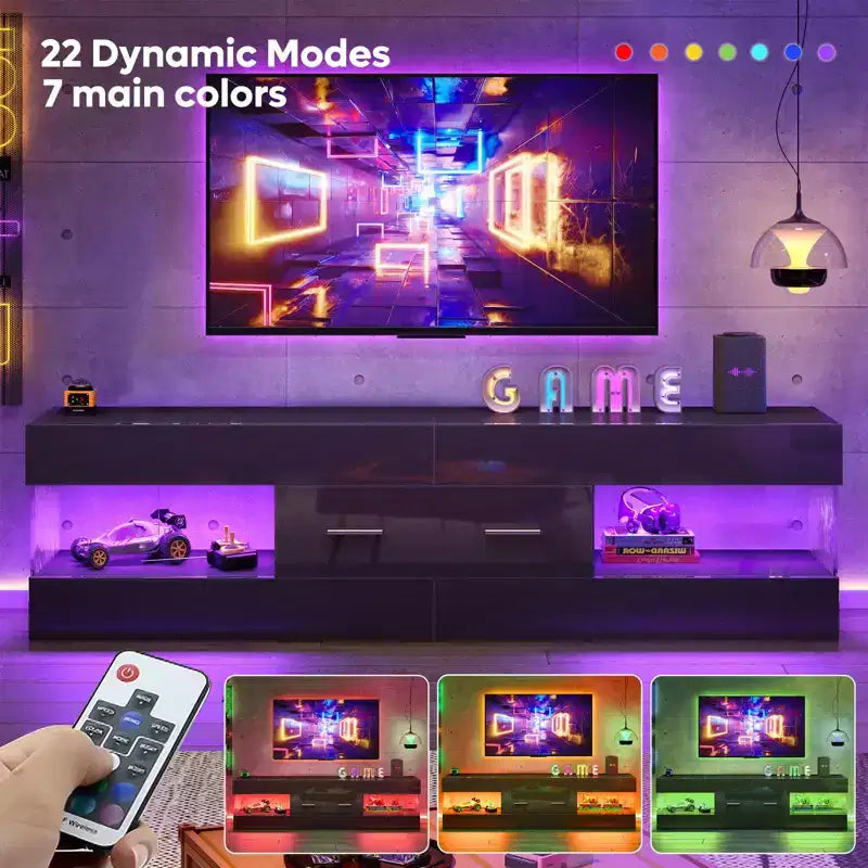 Meuble TV noir brillant pour téléviseur jusqu'à 65 pouces, centre de divertissement pour téléviseur LED, meuble TV moderne avec tiroirs de rangement