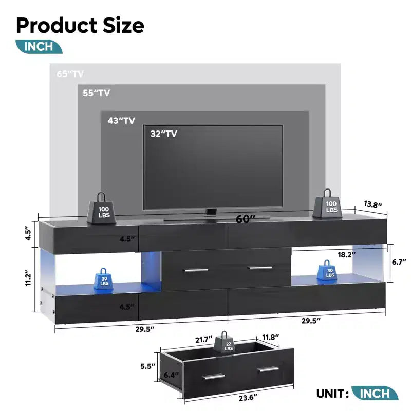 Meuble TV noir brillant pour téléviseur jusqu'à 65 pouces, centre de divertissement pour téléviseur LED, meuble TV moderne avec tiroirs de rangement