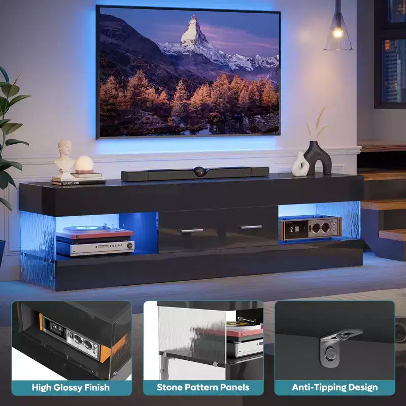 Meuble TV noir brillant pour téléviseur jusqu'à 65 pouces, centre de divertissement pour téléviseur LED, meuble TV moderne avec tiroirs de rangement