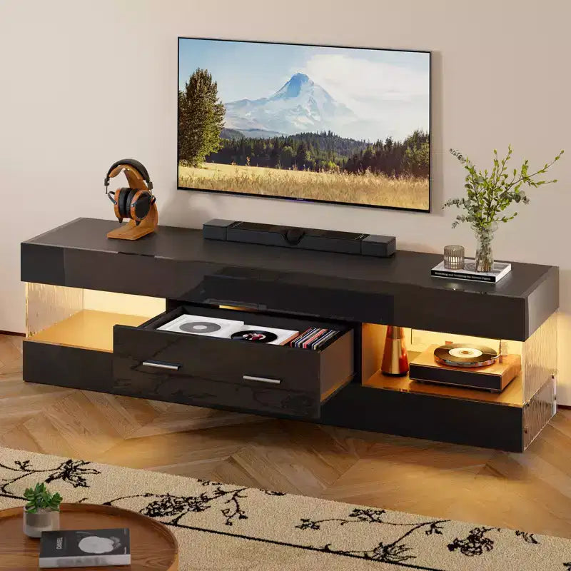 Meuble TV noir brillant pour téléviseur jusqu'à 65 pouces, centre de divertissement pour téléviseur LED, meuble TV moderne avec tiroirs de rangement