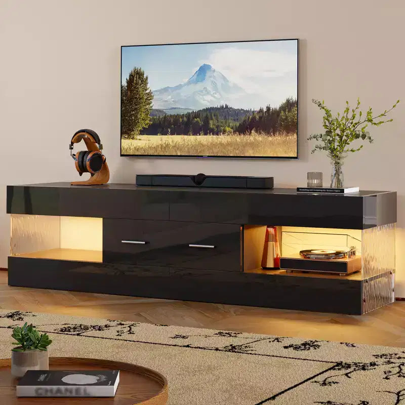 Meuble TV noir brillant pour téléviseur jusqu'à 65 pouces, centre de divertissement pour téléviseur LED, meuble TV moderne avec tiroirs de rangement