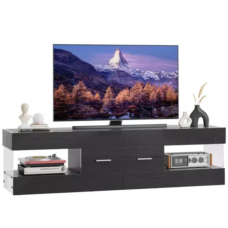 Meuble TV noir brillant pour téléviseur jusqu'à 65 pouces, centre de divertissement pour téléviseur LED, meuble TV moderne avec tiroirs de rangement
