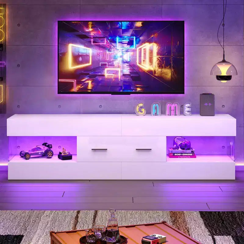Meuble TV noir brillant pour téléviseur jusqu'à 65 pouces, centre de divertissement pour téléviseur LED, meuble TV moderne avec tiroirs de rangement