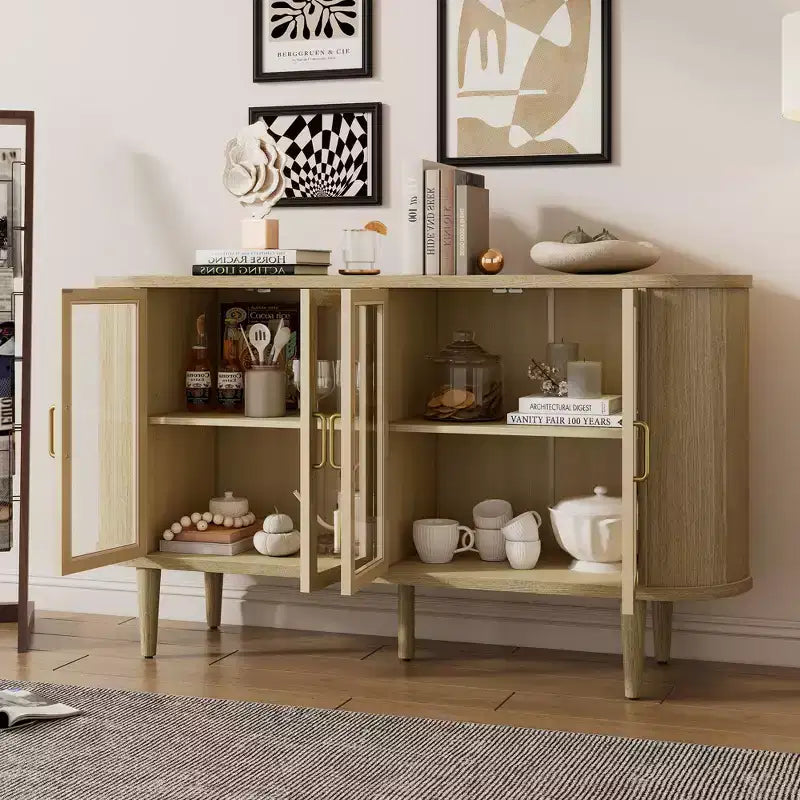 Bahut de ferme avec rangement, meuble buffet en bois avec portes vitrées et étagères réglables