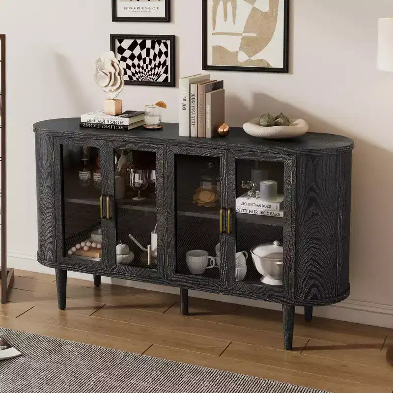 Bahut de ferme avec rangement, meuble buffet en bois avec portes vitrées et étagères réglables