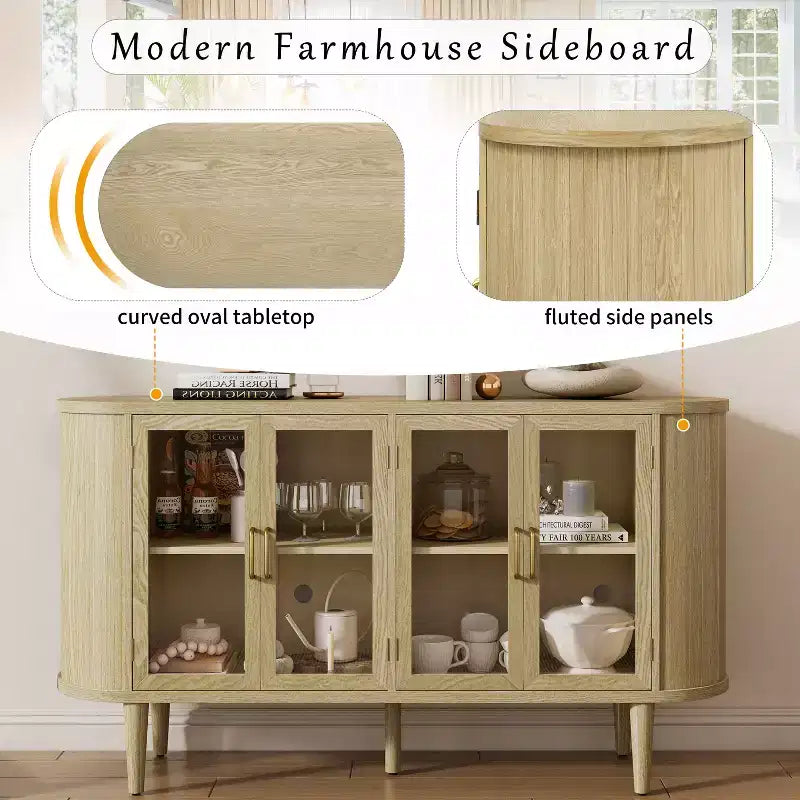 Bahut de ferme avec rangement, meuble buffet en bois avec portes vitrées et étagères réglables