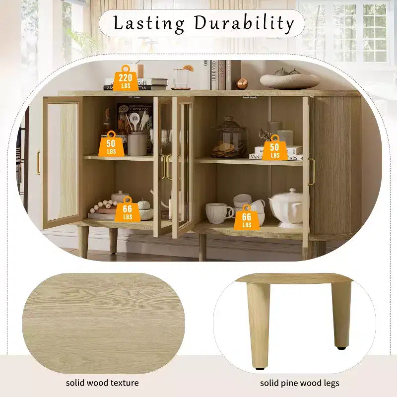 Bahut de ferme avec rangement, meuble buffet en bois avec portes vitrées et étagères réglables