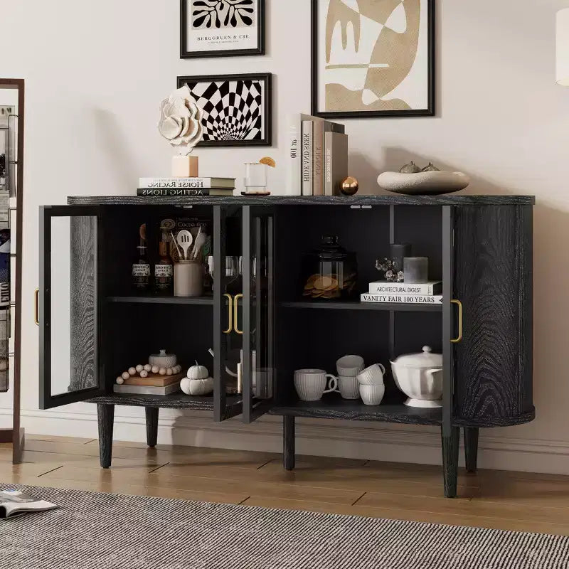 Bahut de ferme avec rangement, meuble buffet en bois avec portes vitrées et étagères réglables