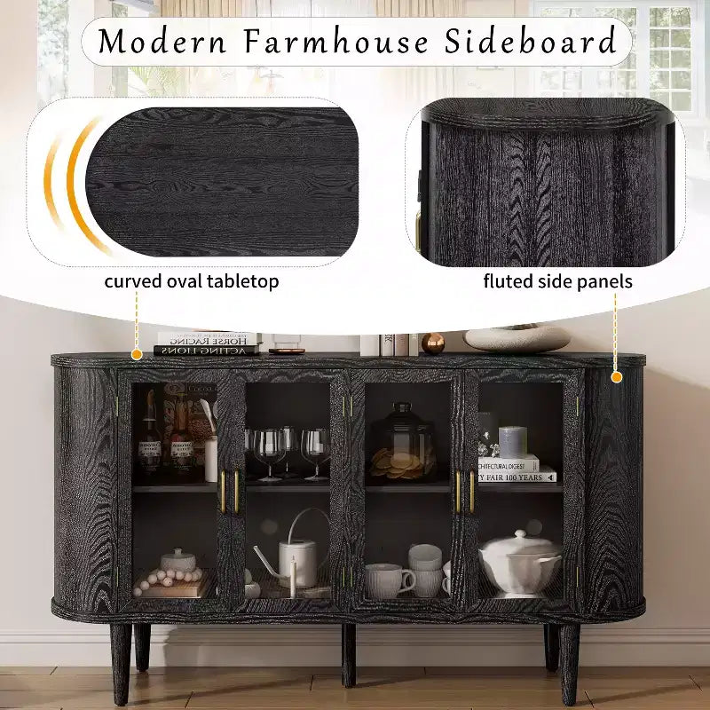 Bahut de ferme avec rangement, meuble buffet en bois avec portes vitrées et étagères réglables