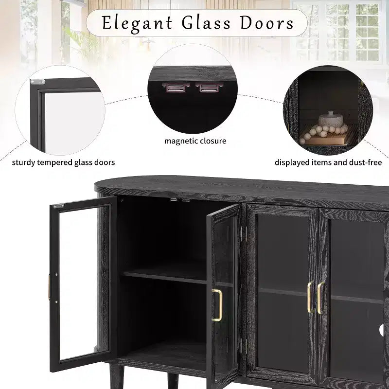Bahut de ferme avec rangement, meuble buffet en bois avec portes vitrées et étagères réglables