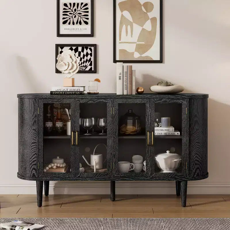 Farmhouse Sideboard Cabinet with Storage, Wood Buffet Cabinet with Glass Doors and Adjustable Shelves
