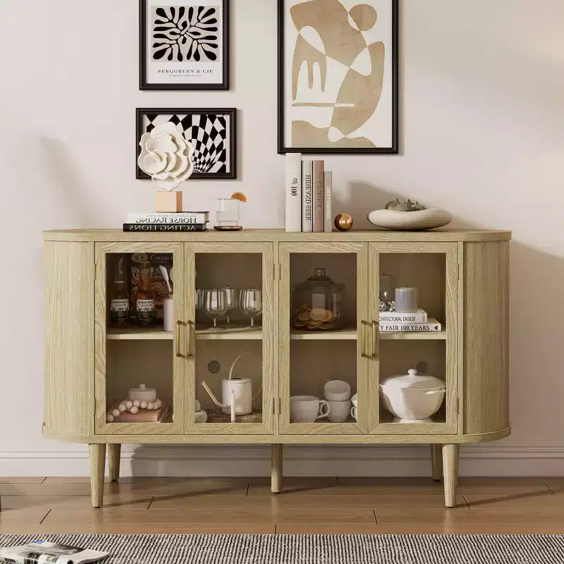 Bahut de ferme avec rangement, meuble buffet en bois avec portes vitrées et étagères réglables